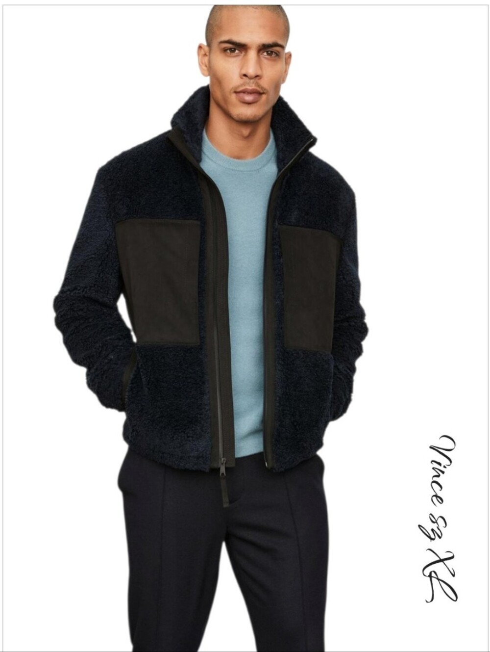 Vince Men's Sherpa Zip Jacket Black Navy Faux Suede Puffer Coat XL NWOT